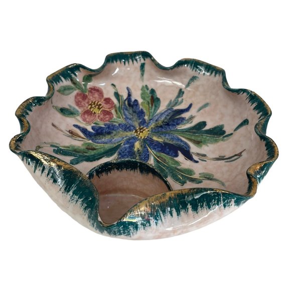 Vintage Italian Hand Craft Pottery Bowl Gold Edges Italy 5485 Blue Red Flower Se - Picture 8 of 8